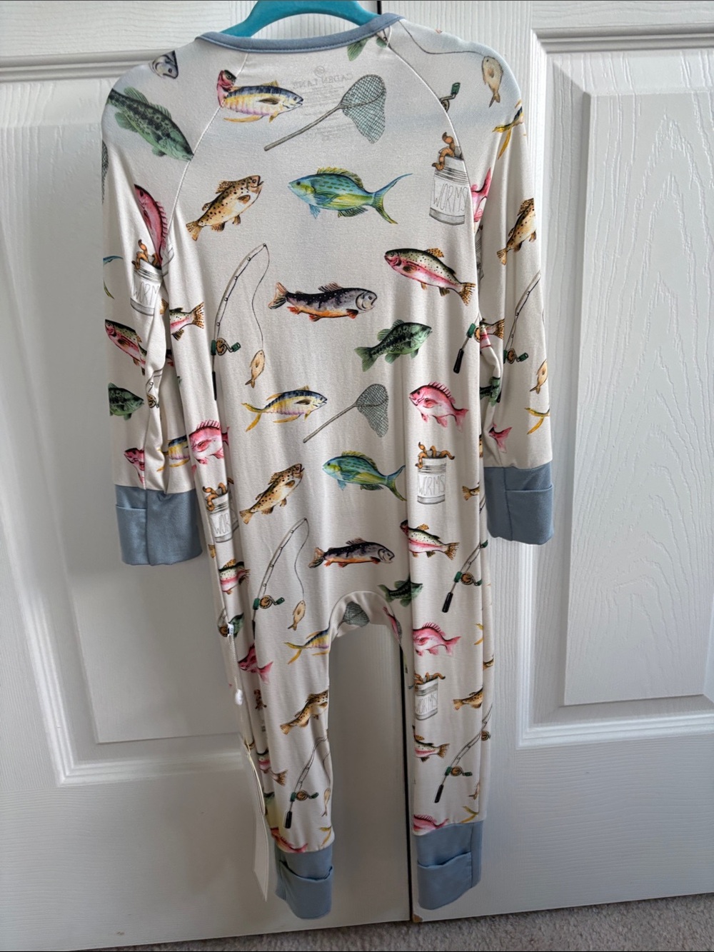 Caden Lane Cream Fish-Print Hooded Pajama Set with Blue Trim - Picture 4 of 5